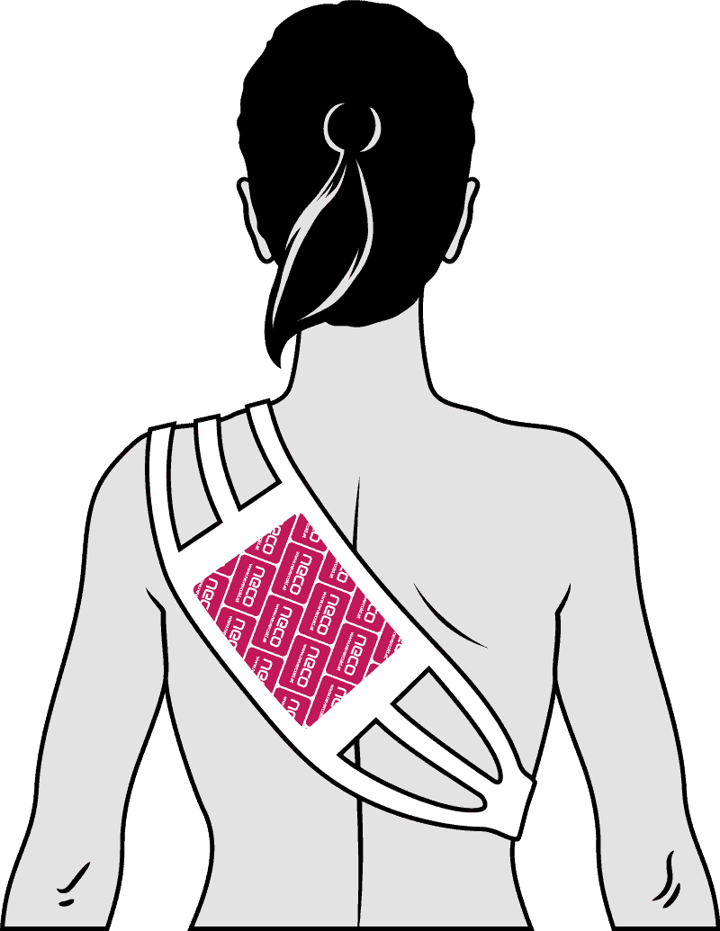 Der NECO STRAP white in Verbindung mit dem NECO warmingpad/ Wärmekissen auf dem Schulterblatt positioniert