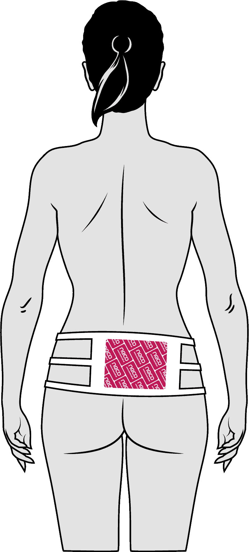 Der NECO STRAP white in Verbindung mit dem NECO warmingpad/ Wärmekissen auf Höhe der Lendenwirbelsäule positioniert